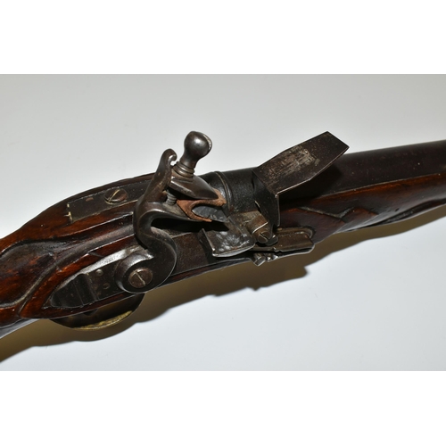 252 - A GOOD QUALITY REPRODUCTION OF A FLINTLOCK HOLSTER PISTOL, expertly aged, the lock is marked Pallzug... 