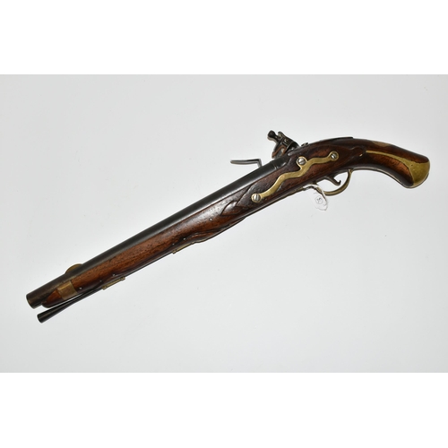 252 - A GOOD QUALITY REPRODUCTION OF A FLINTLOCK HOLSTER PISTOL, expertly aged, the lock is marked Pallzug... 