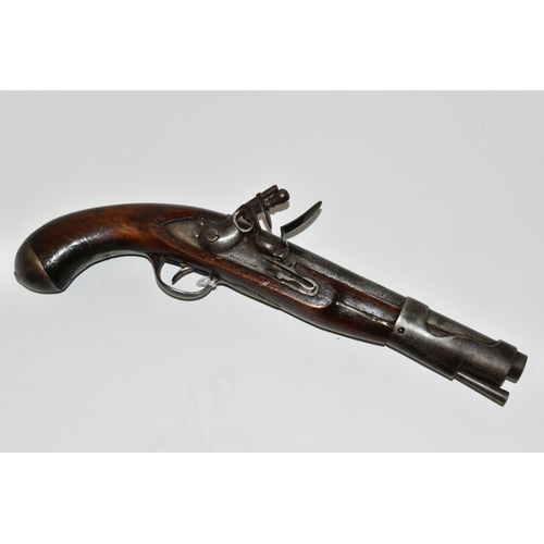 254 - A GOOD QUALITY REPRODUCTION OF FLINTLOCK FRENCH MILITARY PISTOL, expertly aged,its lock is marked Mr... 