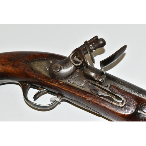 254 - A GOOD QUALITY REPRODUCTION OF FLINTLOCK FRENCH MILITARY PISTOL, expertly aged,its lock is marked Mr... 