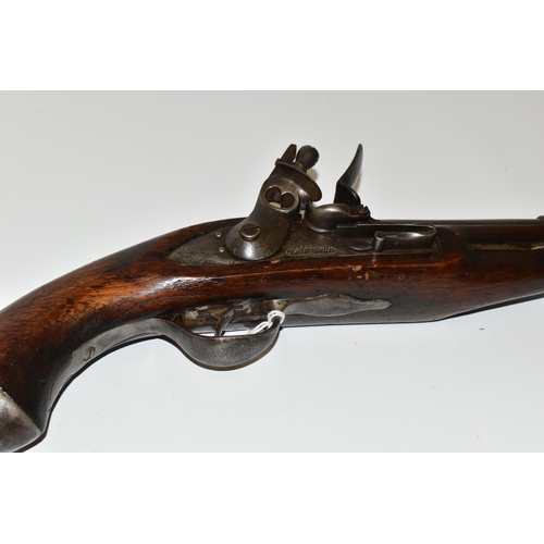 254 - A GOOD QUALITY REPRODUCTION OF FLINTLOCK FRENCH MILITARY PISTOL, expertly aged,its lock is marked Mr... 