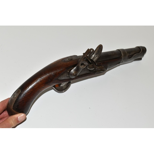 254 - A GOOD QUALITY REPRODUCTION OF FLINTLOCK FRENCH MILITARY PISTOL, expertly aged,its lock is marked Mr... 