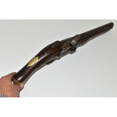 255 - A GOOD QUALITY REPRODUCTION OF A FLINTLOCK BRITISH ARMY HEAVY DRAGOON PISTOL, expertly aged, it lack... 