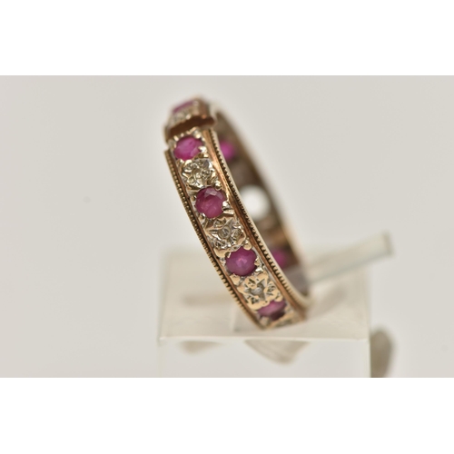 100 - A 9CT GOLD FULL ETERNITY RING, AF split shank, missing a ruby, set with rubies and single cut diamon... 