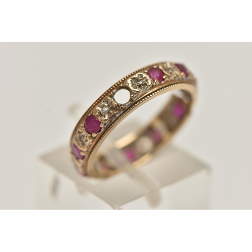 100 - A 9CT GOLD FULL ETERNITY RING, AF split shank, missing a ruby, set with rubies and single cut diamon... 