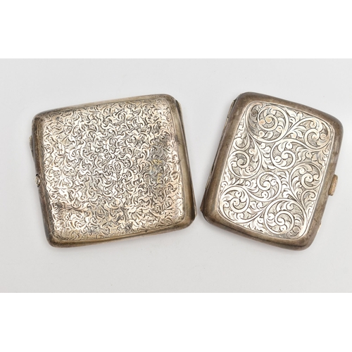 101 - TWO SILVER CIGARETTE CASES, the first of a rounded rectangular form, foliage pattern with engraved i... 