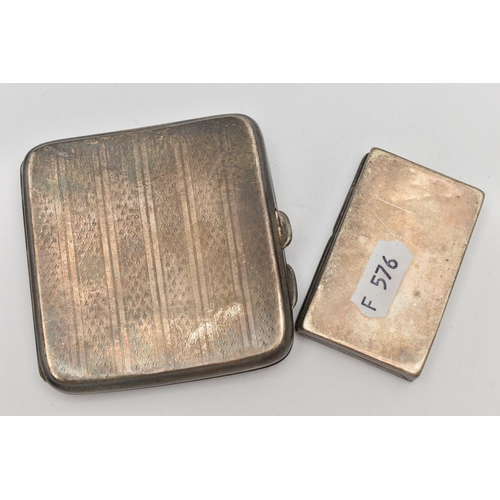 105 - A SILVER CIGARETTE CASE AND CARD CASE, square cigarette case, with an engine turned pattern and engr... 