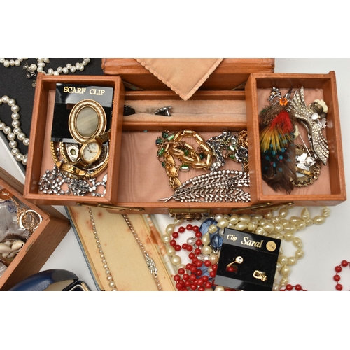 120 - A BOX OF ASSORTED COSTUME JEWELLERY, to include a white metal filigree bracelet, a pair of white met... 