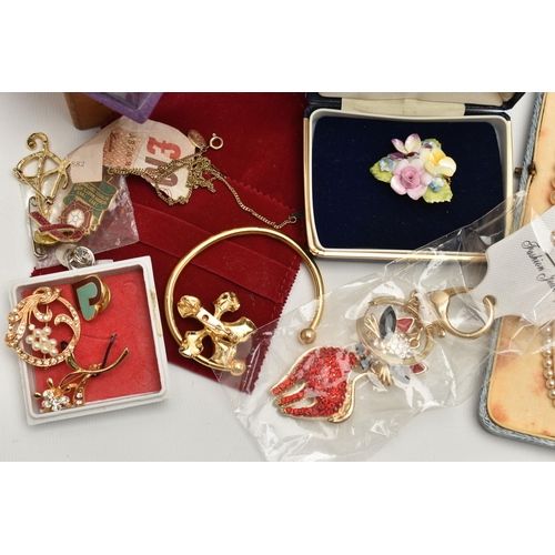 120 - A BOX OF ASSORTED COSTUME JEWELLERY, to include a white metal filigree bracelet, a pair of white met... 