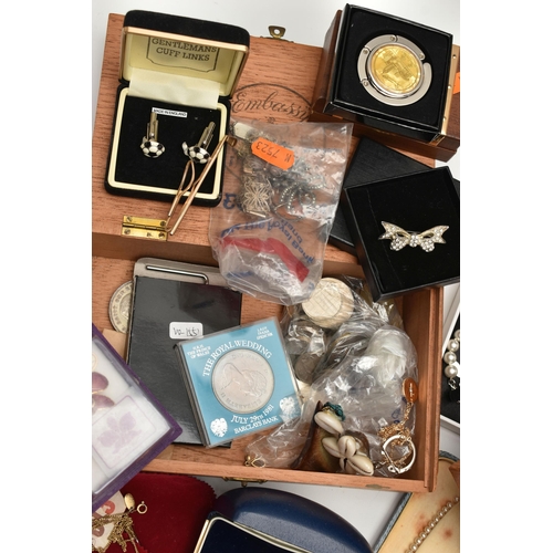 120 - A BOX OF ASSORTED COSTUME JEWELLERY, to include a white metal filigree bracelet, a pair of white met... 