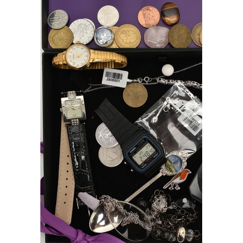 121 - A BOX OF ASSORTED ITEMS, to include a silver, paste set pendant necklace, hallmarked Sheffield, a wh... 