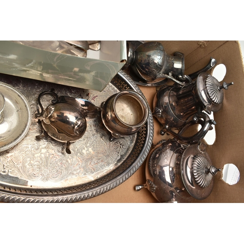 125 - A BOX OF ASSORTED WHITE METAL WARE, to include a four piece EPNS tea set comprising of a teapot, cof... 