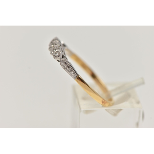 15 - A YELLOW METAL FIVE STONE DIAMOND RING, set with five graduated single cut diamonds, each in a white... 