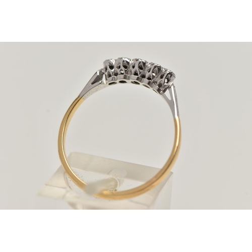 15 - A YELLOW METAL FIVE STONE DIAMOND RING, set with five graduated single cut diamonds, each in a white... 