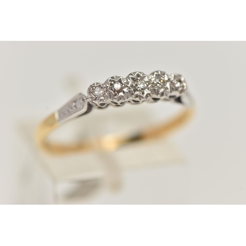 15 - A YELLOW METAL FIVE STONE DIAMOND RING, set with five graduated single cut diamonds, each in a white... 