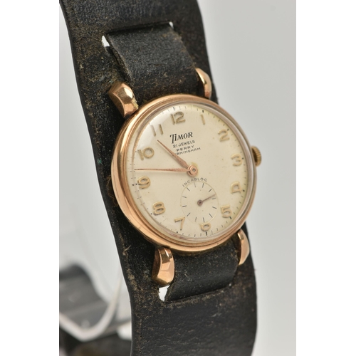 19 - A GENTS 9CT GOLD 'TIMOR' WRISTWATCH, manual wind, round dial signed 'Timor, 21 Jewels Perry Birmingh... 