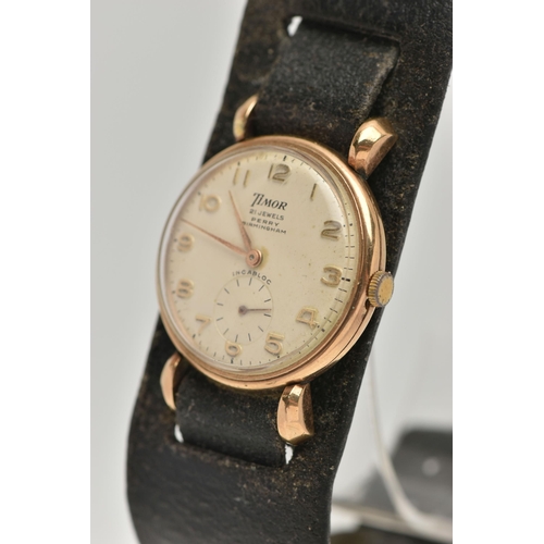 19 - A GENTS 9CT GOLD 'TIMOR' WRISTWATCH, manual wind, round dial signed 'Timor, 21 Jewels Perry Birmingh... 