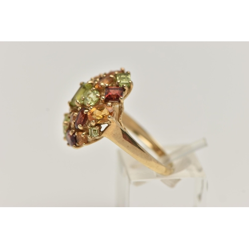 23 - A 9CT GOLD GEM SET CLUSTER RING, large statement cluster, set with vary cut stones such as citrine, ... 