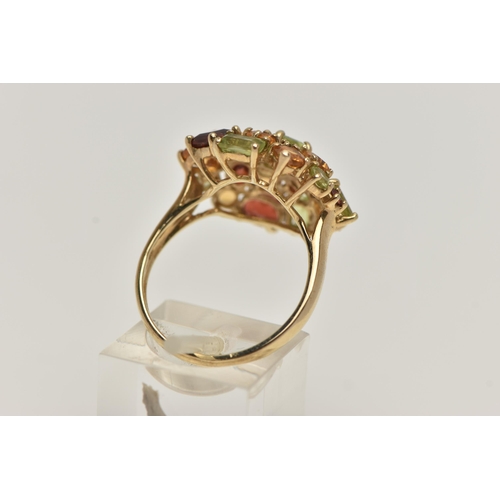 23 - A 9CT GOLD GEM SET CLUSTER RING, large statement cluster, set with vary cut stones such as citrine, ... 