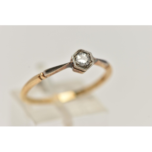 26 - A YELLOW METAL SINGLE STONE DIAMOND RING, round brilliant cut diamond, estimated diamond weight 0.10... 