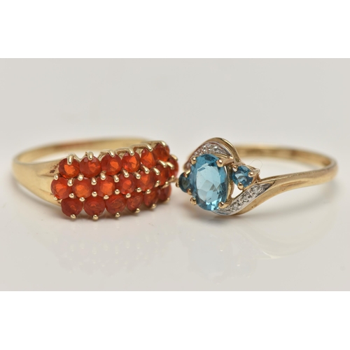 30 - TWO 9CT GOLD GEM SET RINGS, the first a blue topaz and diamond crossover ring, hallmarked 9ct Birmin... 