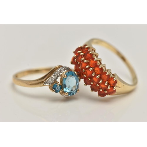 30 - TWO 9CT GOLD GEM SET RINGS, the first a blue topaz and diamond crossover ring, hallmarked 9ct Birmin... 