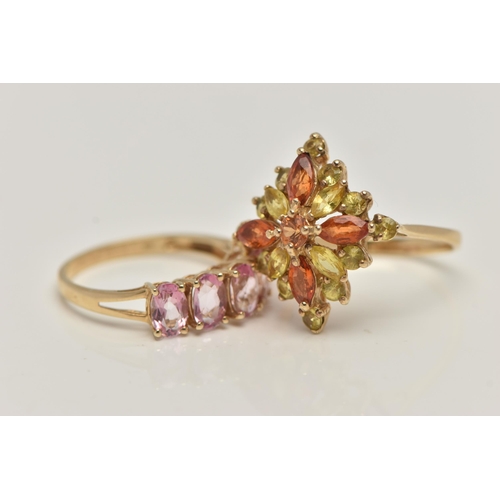 32 - TWO 9CT GOLD GEM SET RINGS, the first a yellow topaz and orange sapphire cluster ring, hallmarked 9c... 