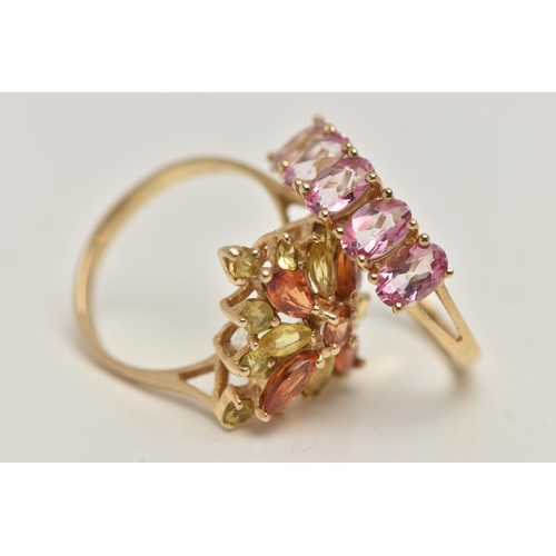 32 - TWO 9CT GOLD GEM SET RINGS, the first a yellow topaz and orange sapphire cluster ring, hallmarked 9c... 