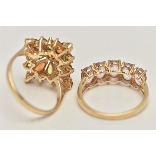 32 - TWO 9CT GOLD GEM SET RINGS, the first a yellow topaz and orange sapphire cluster ring, hallmarked 9c... 