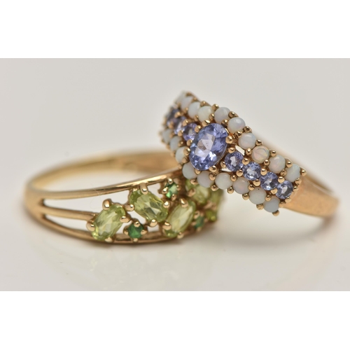 33 - TWO 9CT GOLD GEM SET RINGS, the first a tanzanite and opal ring, polished band, hallmarked 9ct Birmi... 