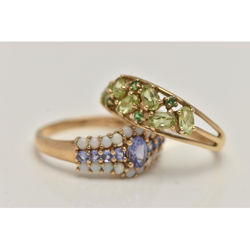 33 - TWO 9CT GOLD GEM SET RINGS, the first a tanzanite and opal ring, polished band, hallmarked 9ct Birmi... 