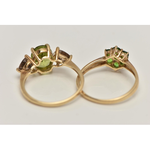 35 - TWO 9CT GOLD GEM SET RINGS, the first a tsavorite garnet cluster ring, flower shape, to a polished b... 