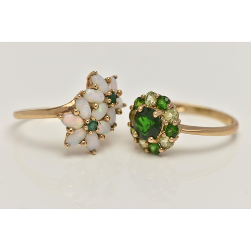 36 - TWO 9CT GOLD GEM SET RINGS, the first a double flower ring set with opals and emeralds, to a polishe... 