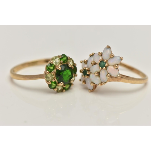 36 - TWO 9CT GOLD GEM SET RINGS, the first a double flower ring set with opals and emeralds, to a polishe... 