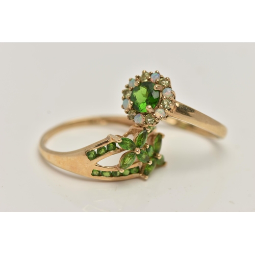 37 - TWO 9CT GOLD GEM SET RINGS, the first a tsavorite, opal and peridot cluster ring, hallmarked 9ct Bir... 