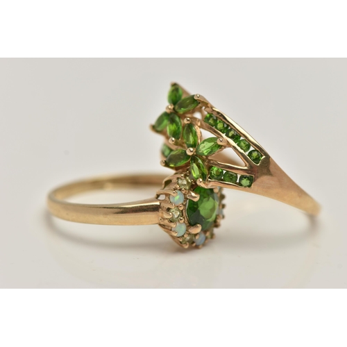 37 - TWO 9CT GOLD GEM SET RINGS, the first a tsavorite, opal and peridot cluster ring, hallmarked 9ct Bir... 