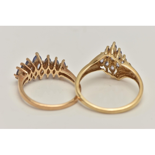 38 - TWO 9CT GOLD GEM SET RINGS, the first set with a row of marquise cut tanzanite, to a polished band, ... 