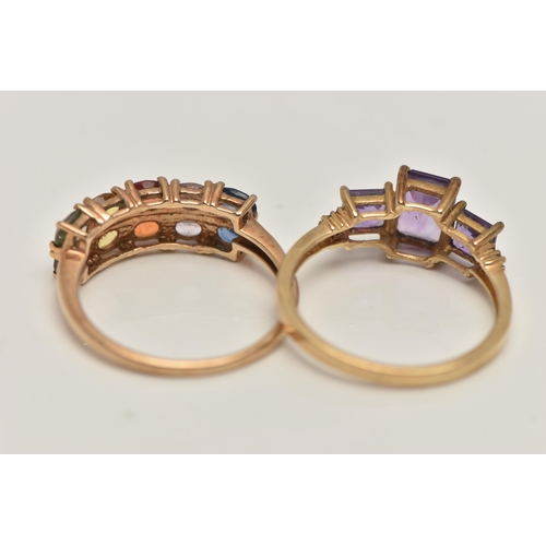 39 - TWO 9CT GOLD GEM SET RINGS, to include a multi gem set half eternity style ring, hallmarked 9ct Lond... 