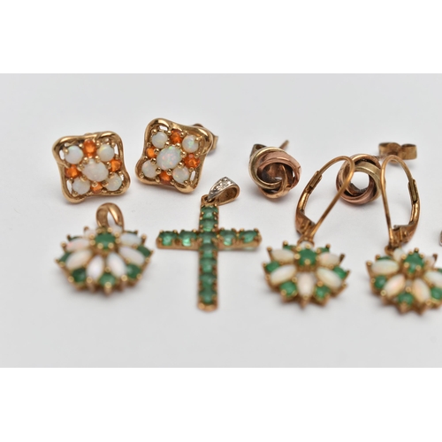 44 - TWO PENDANTS AND FOUR PAIRS OF EARRINGS, to include an emerald cross pendant, fitted with a single c... 