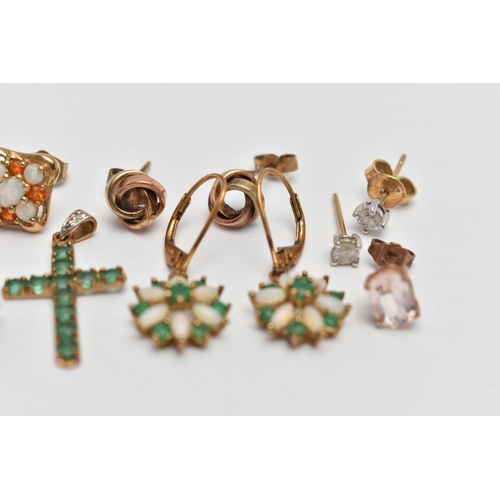 44 - TWO PENDANTS AND FOUR PAIRS OF EARRINGS, to include an emerald cross pendant, fitted with a single c... 