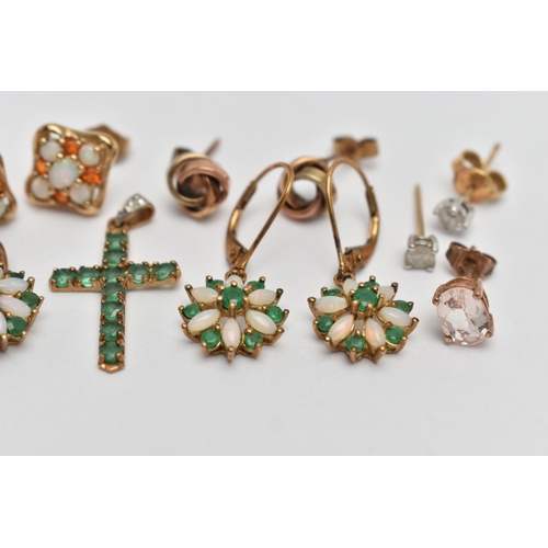 44 - TWO PENDANTS AND FOUR PAIRS OF EARRINGS, to include an emerald cross pendant, fitted with a single c... 