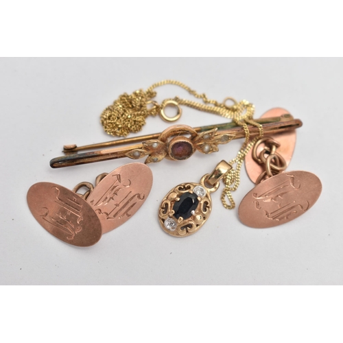 47 - A PAIR OF 9CT ROSE GOLD CUFFLINKS, A PENDANT NECKLACE AND A BROOCH, rose gold oval cufflinks with en... 