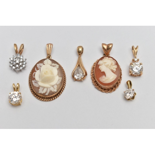 5 - A SELECTION OF PENDANTS, to include a 9ct gold carved high relief shell cameo depicting a rose, hall... 