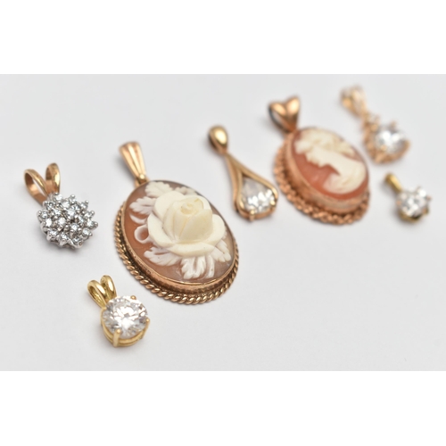 5 - A SELECTION OF PENDANTS, to include a 9ct gold carved high relief shell cameo depicting a rose, hall... 