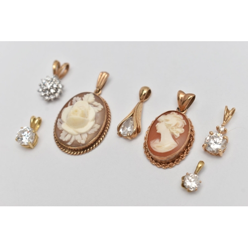 5 - A SELECTION OF PENDANTS, to include a 9ct gold carved high relief shell cameo depicting a rose, hall... 