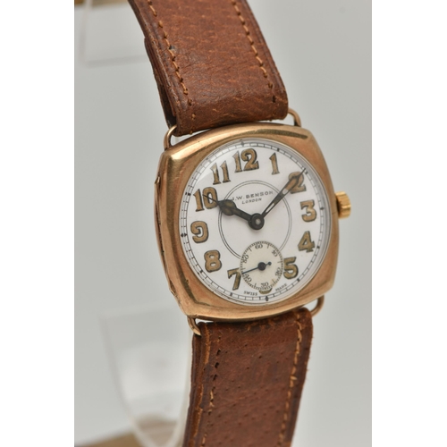 50 - A 9CT GOLD 'J W BENSON' WRISTWATCH, hand wound movement, round dial signed 'J W Benson London', Arab... 