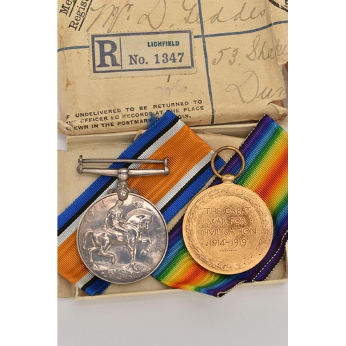 51 - A PAIR OF WWI MEDALS, each inscribed 46115 PTE D GEDDES Leic R, together with original postage envel... 