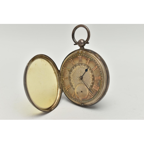 53 - A SILVER OPEN FACE POCKET WATCH, key wound movement, Roman numerals, subsidiary seconds dial at the ... 