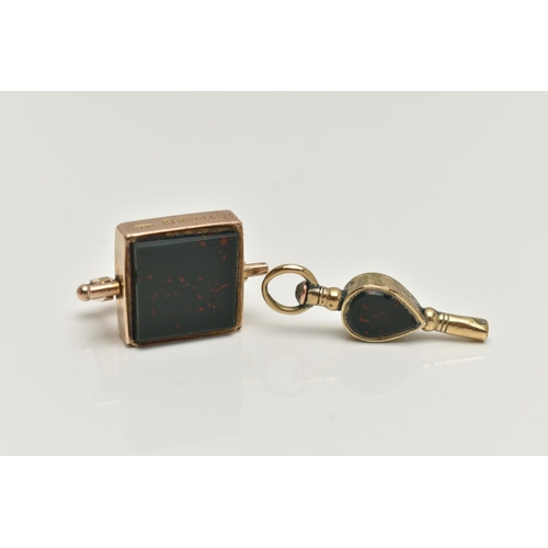 59 - A 9CT GOLD SWIVEL FOB AND YELLOW METAL WATCH KEY, a square fob set with bloodstone and carnelian, ha... 