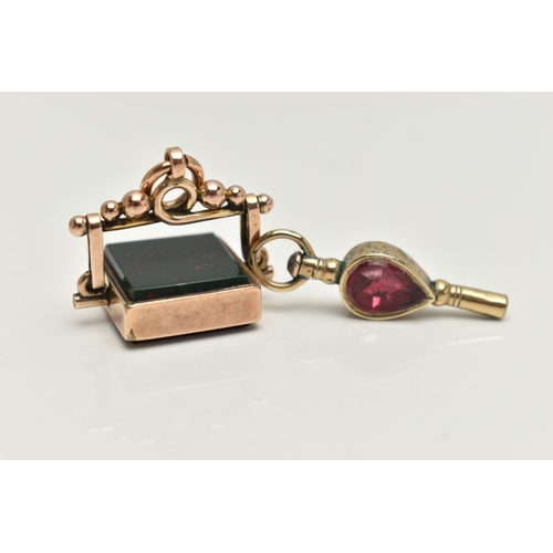 59 - A 9CT GOLD SWIVEL FOB AND YELLOW METAL WATCH KEY, a square fob set with bloodstone and carnelian, ha... 